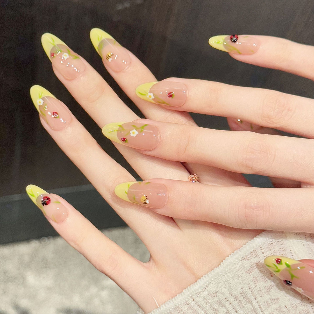 Artistic Press-On Nail Set with Floral and Insect Designs