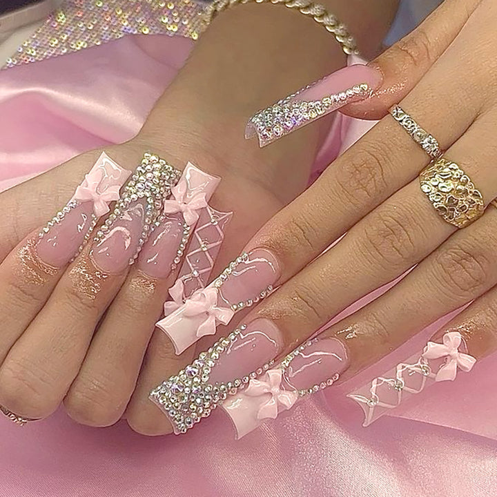 Decorative Rhinestone and Bow Long Press-On Nails Kalsten
