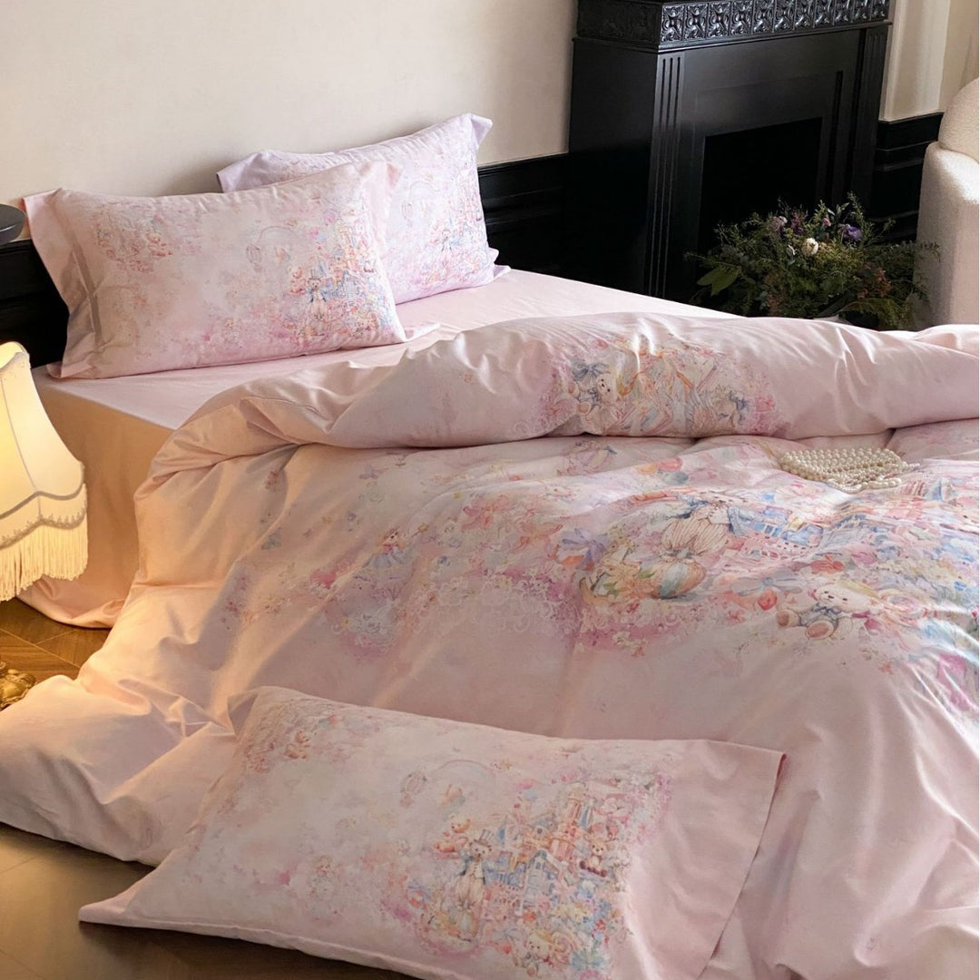 delicate cotton satin bedding set with a fairy-tale watercolor design