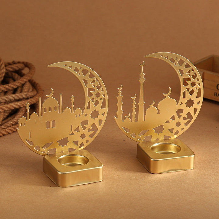 Crescent Silhouette Mosque Tea Light Lantern with Filigree Metal Base Kalsten