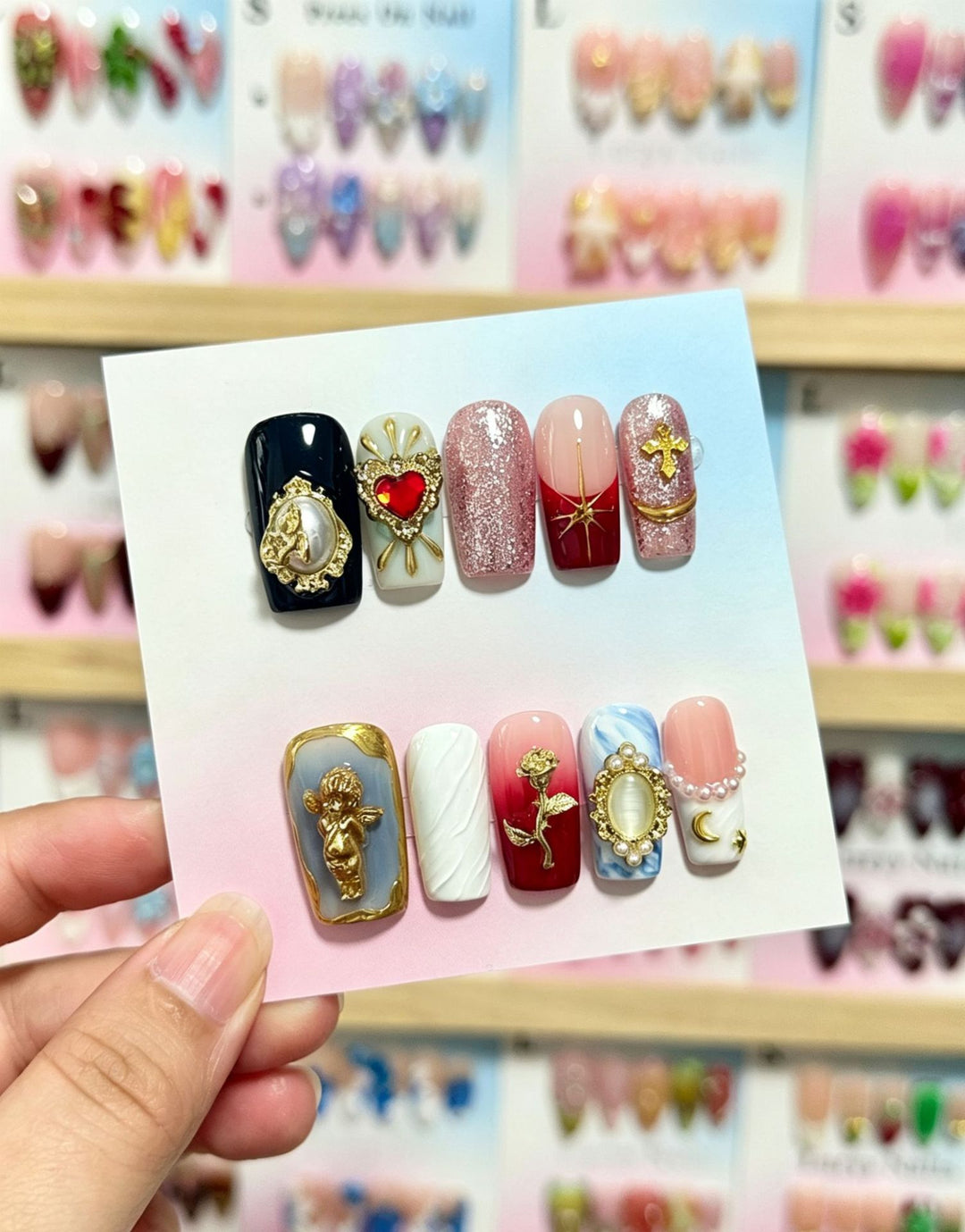Creative Decorative Press-On Nail Art Set with Charms and Unique Designs