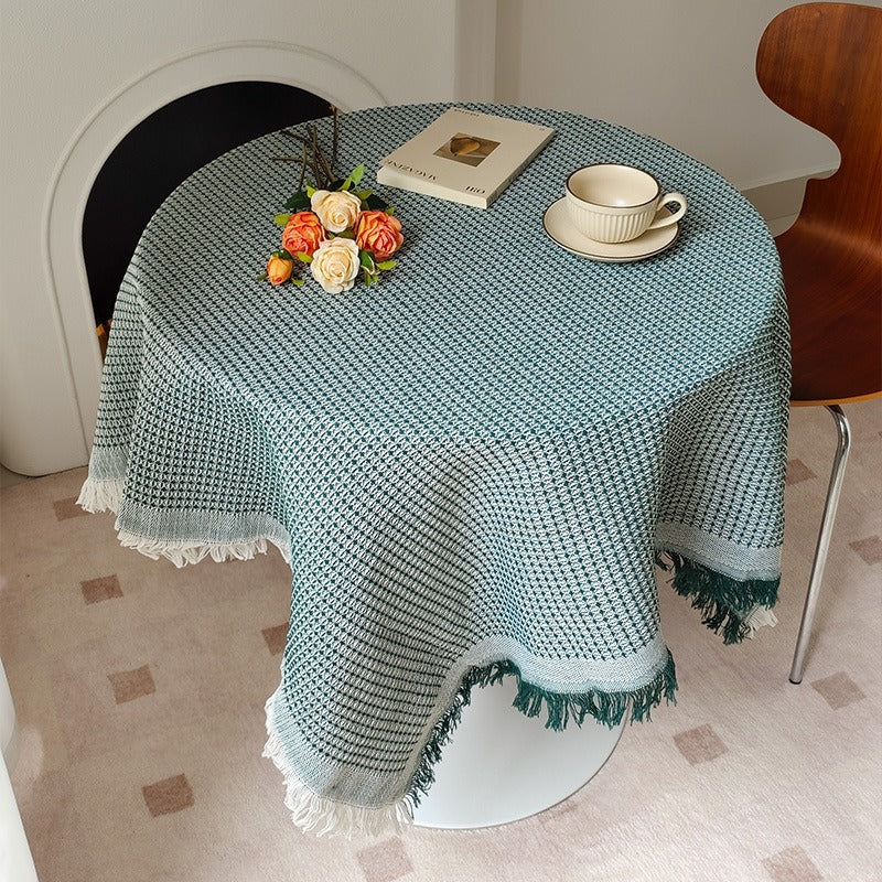 Round Textured Waffle-Weave Fringe Tablecloth with Tassel Edge