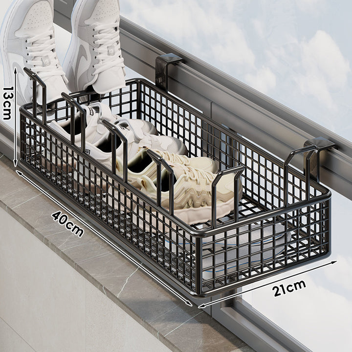 Window-Rail Hanging Shoe Storage Basket with Ventilated Grid and Adjustable Clamp Hooks