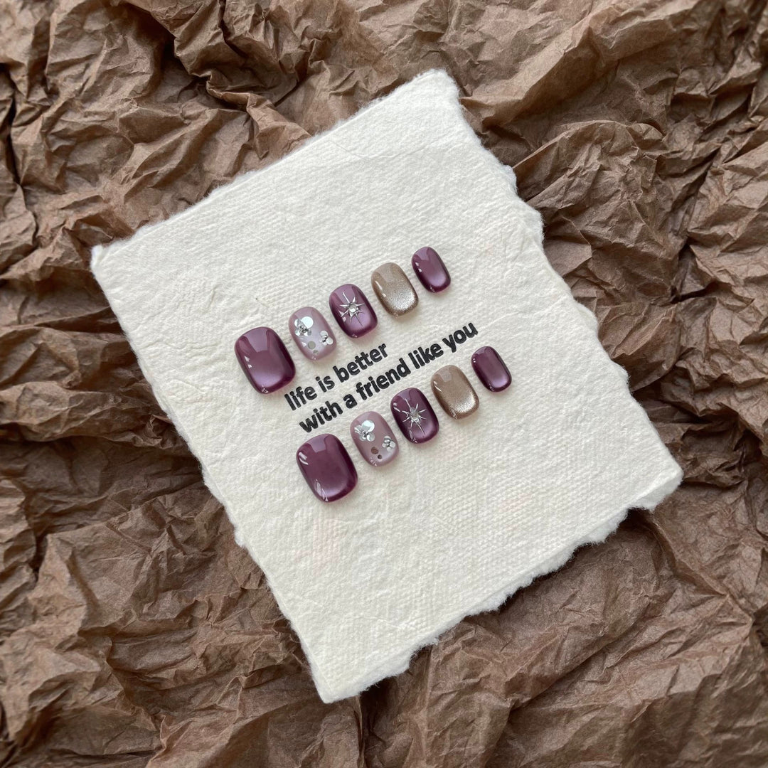 Artistic Press-On Nail Art Set with Decorative Gem Accents