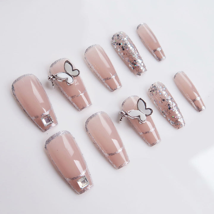 Elegant Press-On Nail Art Set with Butterfly Accents