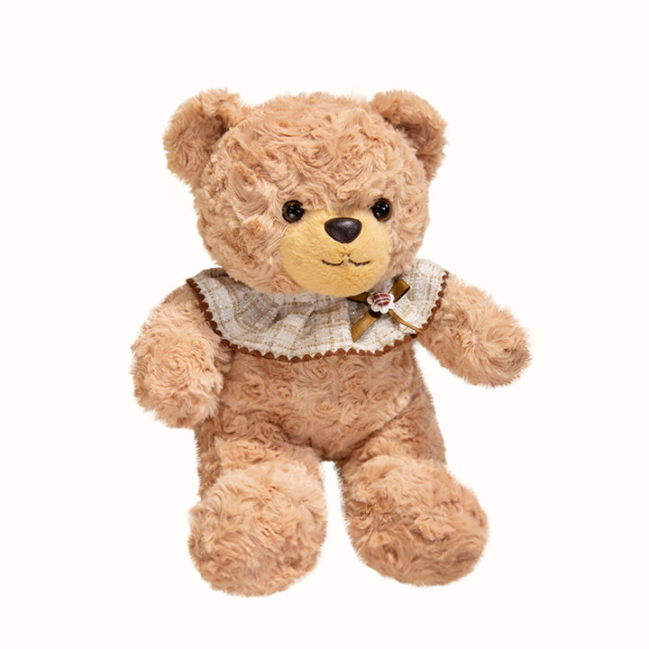 Curly-Fur Teddy Bear with Ruffled Plaid Collar and Embroidered Nose Kalsten
