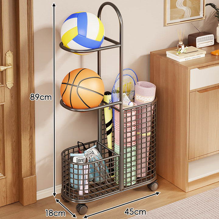 Vertical Rolling Sports Equipment Organizer Cart with Dual Ball Shelves and Mesh Storage Baskets