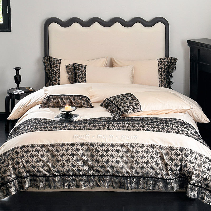 Luxurious Reversible Cotton Satin Bedding Set with Jacquard Border and Ruffle