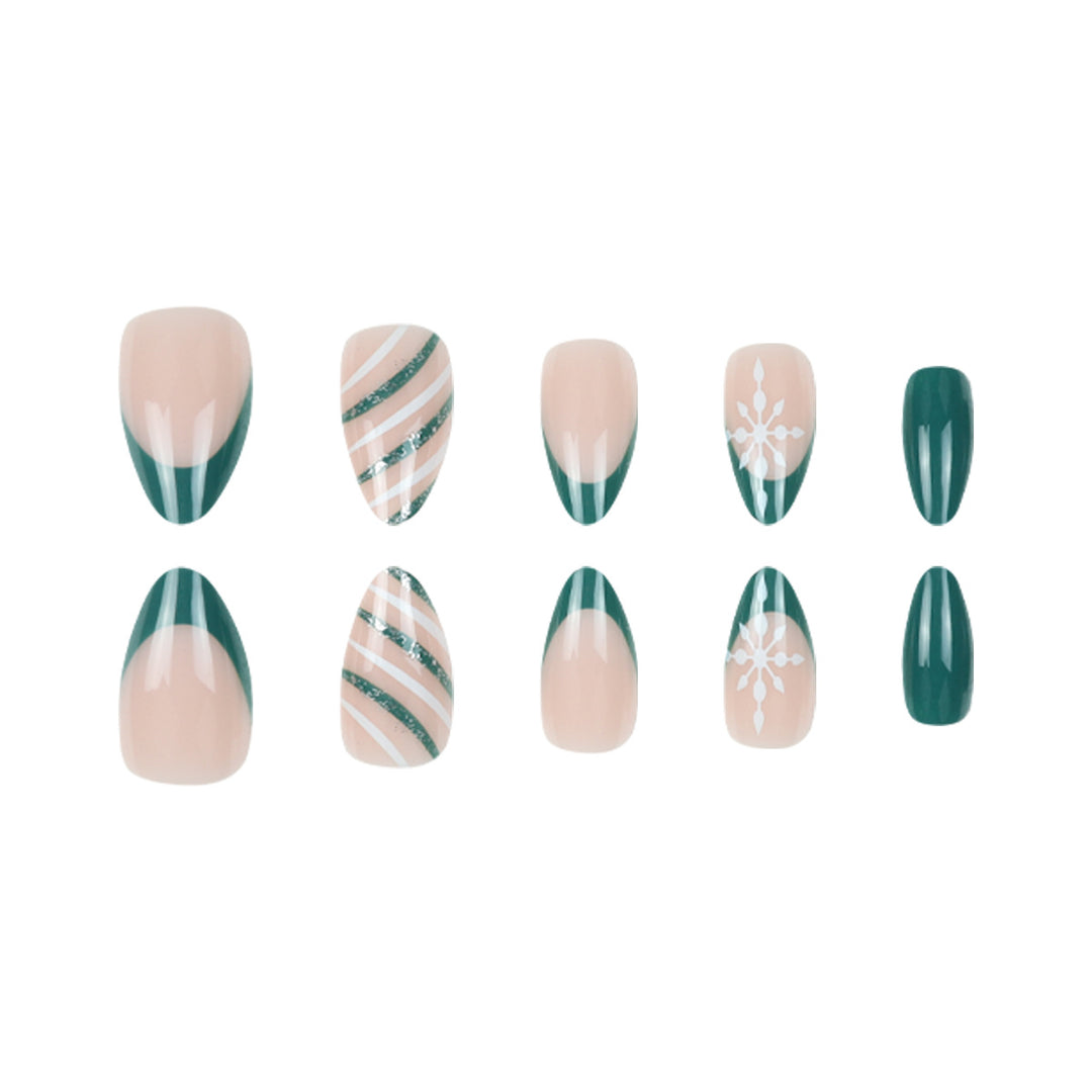 Premium Stiletto Press-On Nail Art Set with Snowflake and Striped Design Kalsten