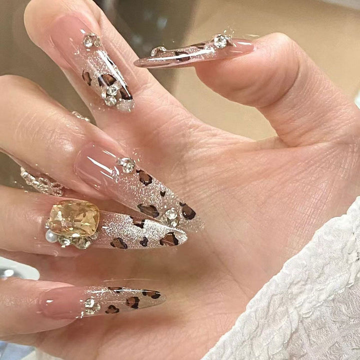 Artistic Stiletto Press-On Nails with Glitter and Leopard Design Kalsten
