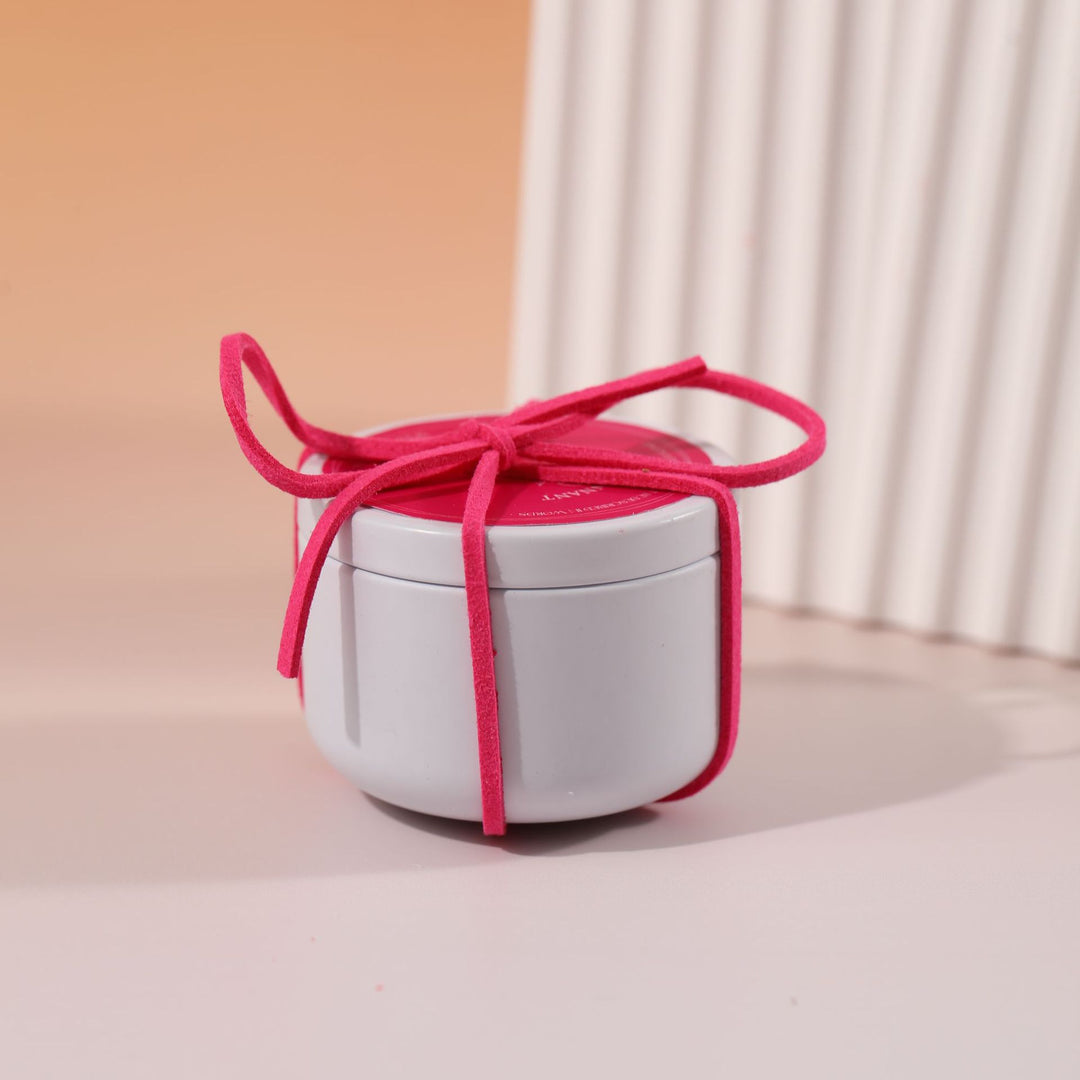 Scented Soy Candle Tin with Removable Lid and Decorative Suede Tie