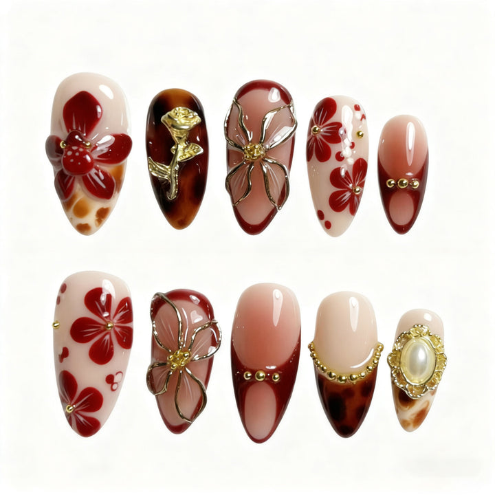 Artistic Floral Embellished Press-On Nail Art Kalsten