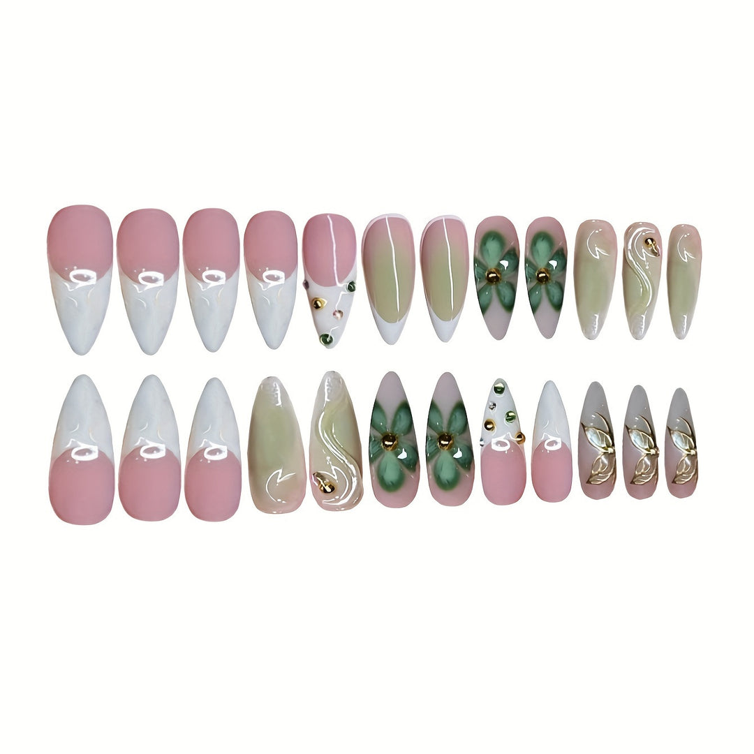 Artistic Press-On Nail Design with Floral Elements Kalsten