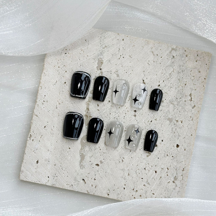 Artistic Press-On Nail Art Set with Heart and Celestial Designs
