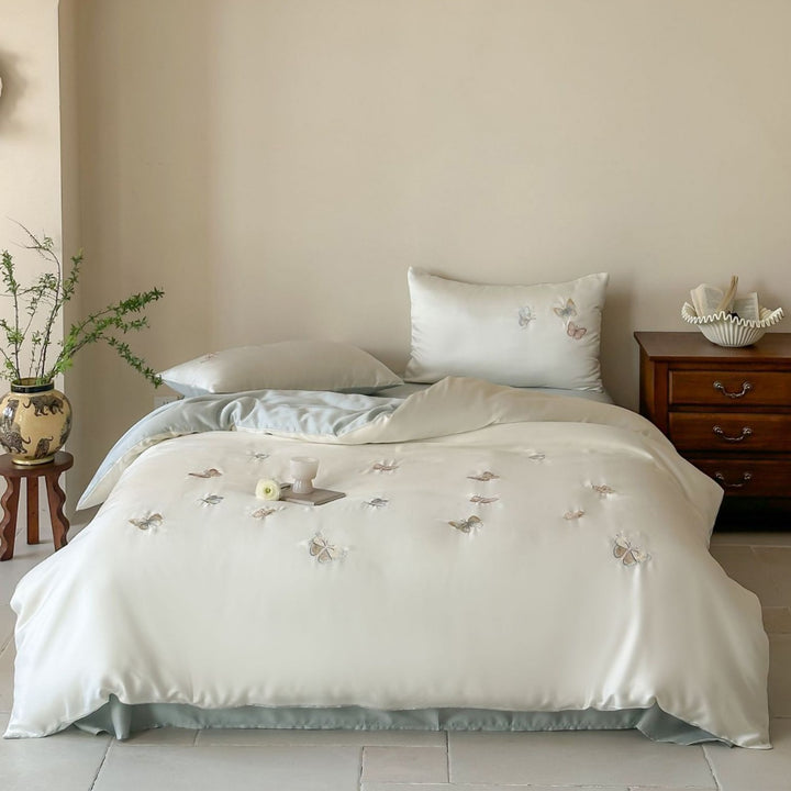 Luxury satin duvet cover set with embroidered butterfly appliqués