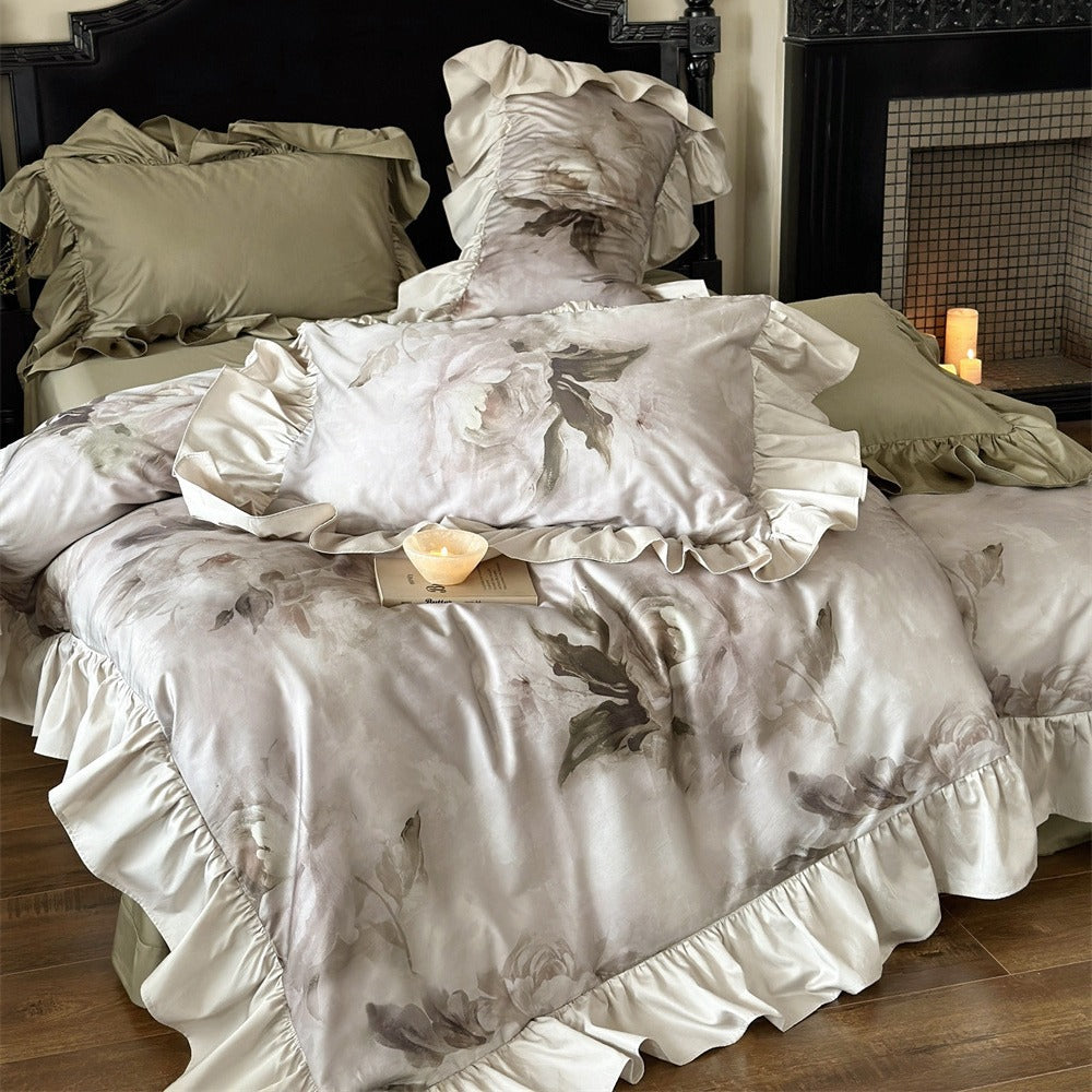 Luxurious satin bedding set with ruffles and watercolor flowers
