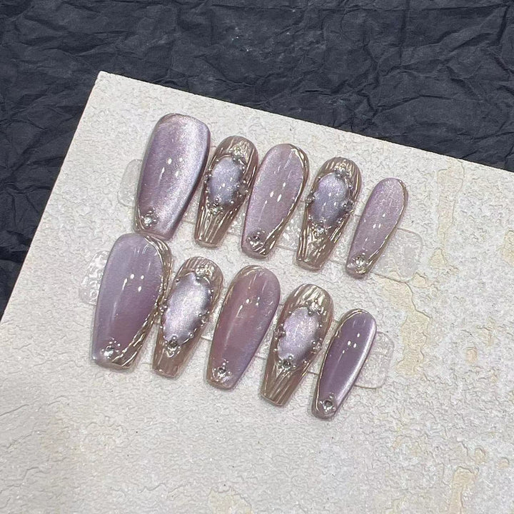 Elegant Press-On Nail Set with Artistic Metallic Design Kalsten