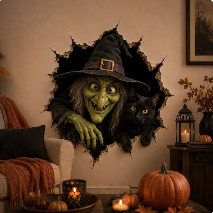 Three-dimensional Halloween wall sticker witch with hole-in-wall effect and pumpkin lantern