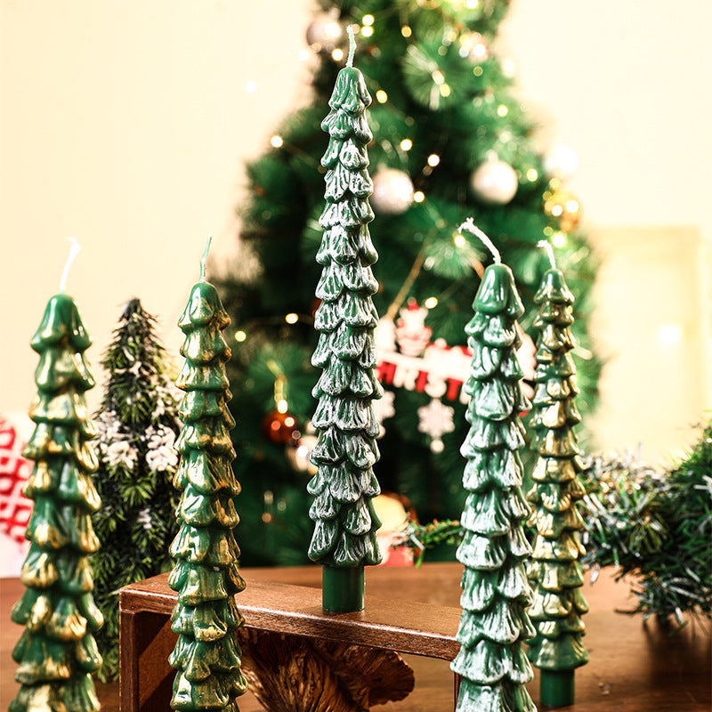 Sculptural Tall Pine-Tree Taper Candle Set with Layered Branch Texture