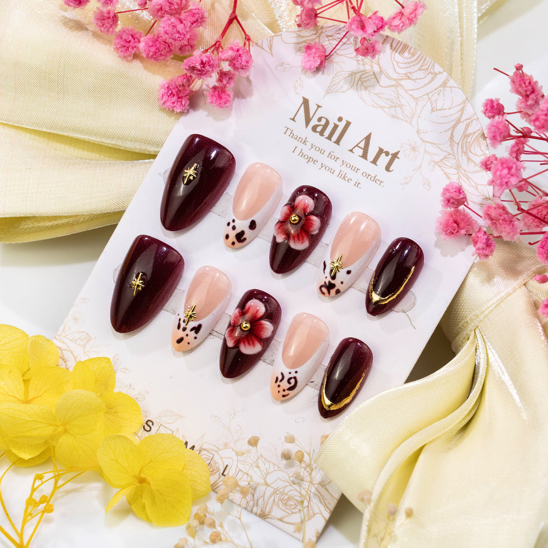 Artistic Press-On Nail Set with Floral and Leopard Accents