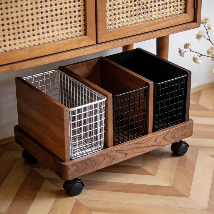 Underbed Rolling Wire Storage Drawer with Wooden Front and Locking Casters