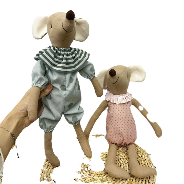 Vintage-Inspired Sewn Linen Elephant Plush Doll with Polka-Dot Dress