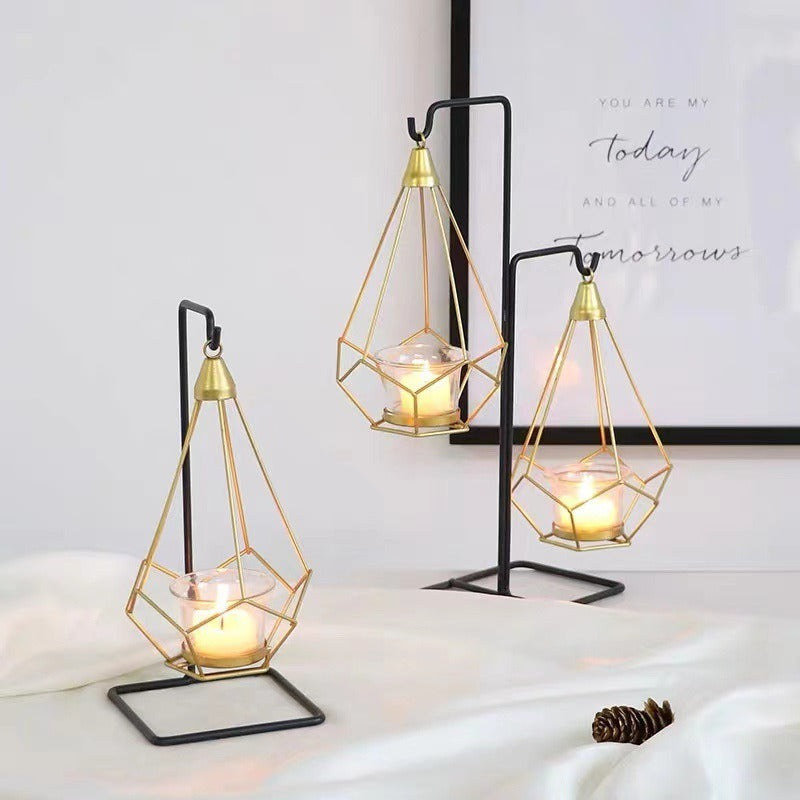 Decorative Geometric Hanging Tealight Candle Holder Set with Metal Stands and Glass Votives Kalsten