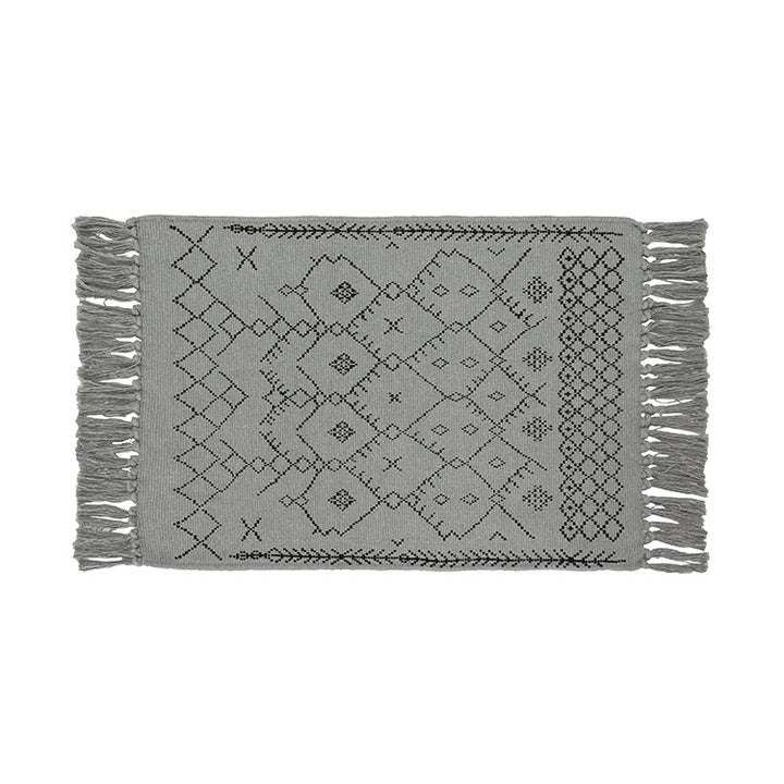 Woven cotton rug runner with flat weave structure, graphic diamond ethnic pattern and fringes