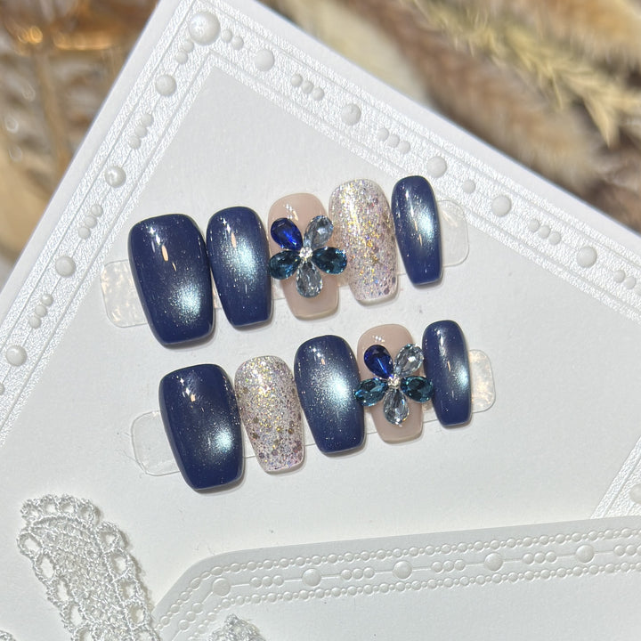 Elegant Floral Press-On Nail Set with Gemstone Accents Kalsten