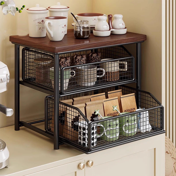 Sliding Mesh Cabinet Basket with Wood-Top Counter Riser