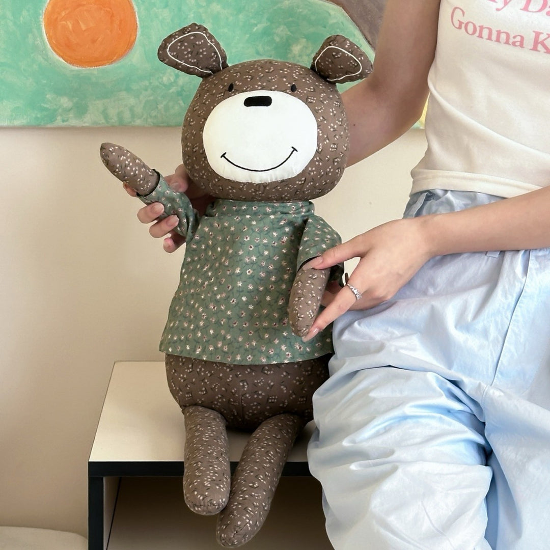 Large cuddly teddy bear made of cotton fabric with a floral shirt handmade