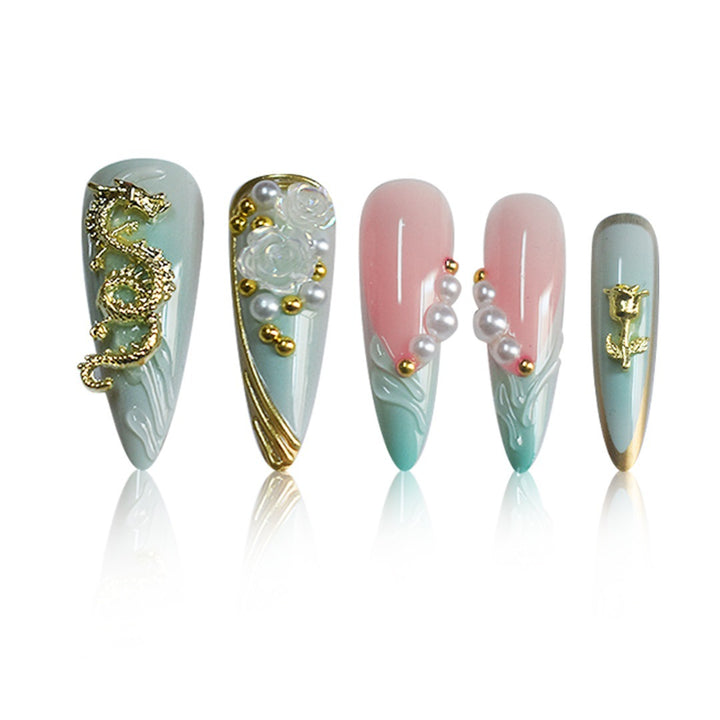 Luxurious Rhinestone and Floral Press-On Nail Art Kalsten