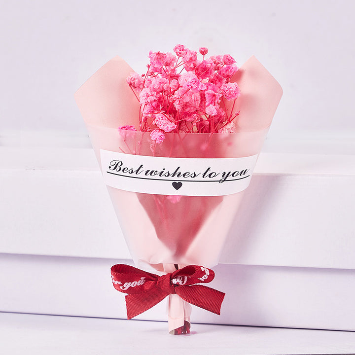 Mini Faux Rose Petal Gift Bouquet With Satin Ribbon Bow And Translucent Cone Wrap