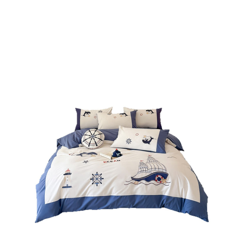 Maritime bedding set for children with embroidered sail and sea motifs made of cotton percale