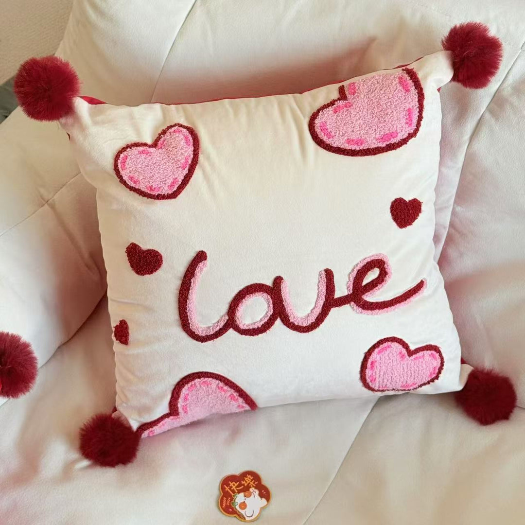 Colorful Chenille Tufted Square Throw Pillow with Plush Pom-Pom Corners and Removable Insert