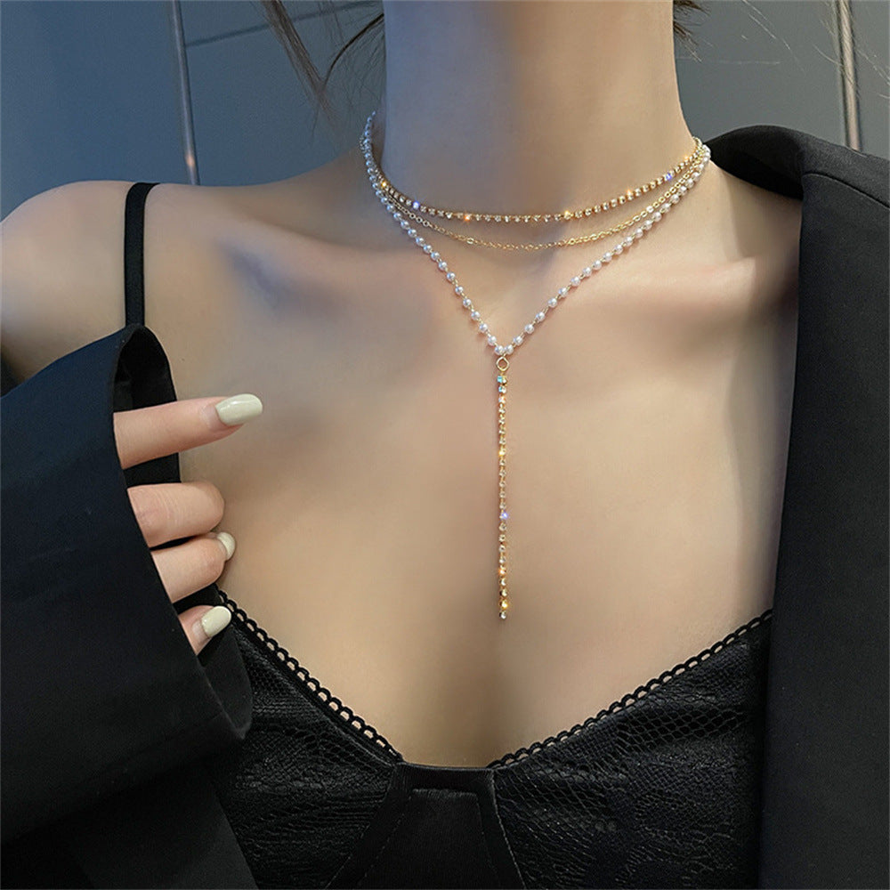 Layered Crystal and Pearl Necklace Kalsten