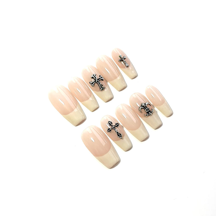 Artisanal Press-On Nails with Cross and Fleur-de-Lis Design