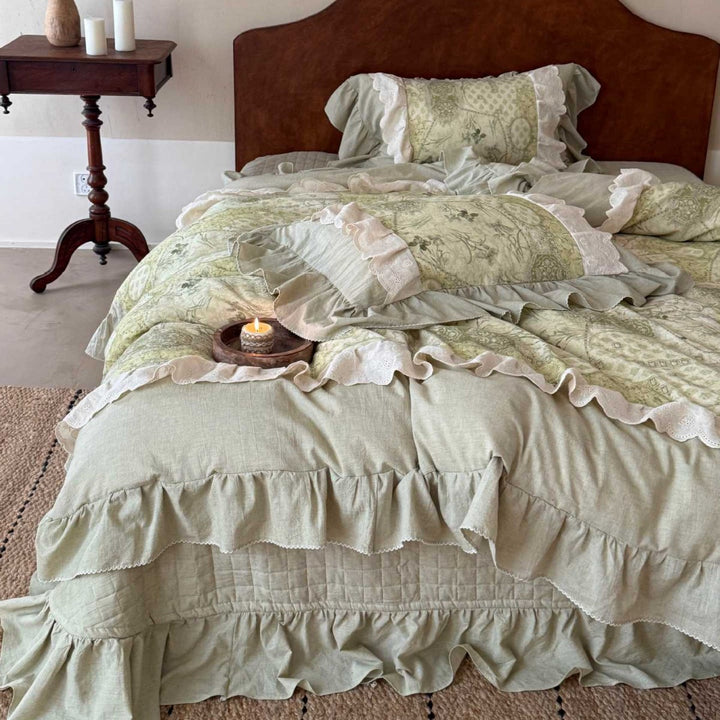 Romantic cotton satin bedding set with floral stripe pattern, ruffle, and decorative pillowcases