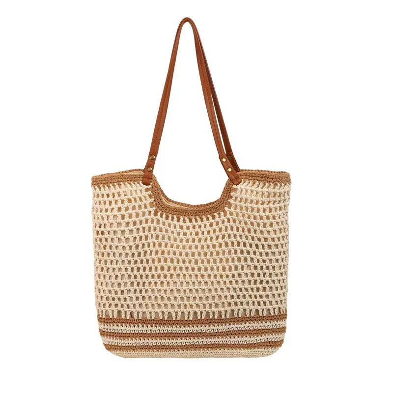 Braided beach bag with leather shoulder straps Kalsten