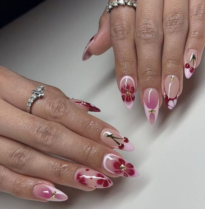 Artistic Floral and Cherry-Embellished Press-On Nails Kalsten