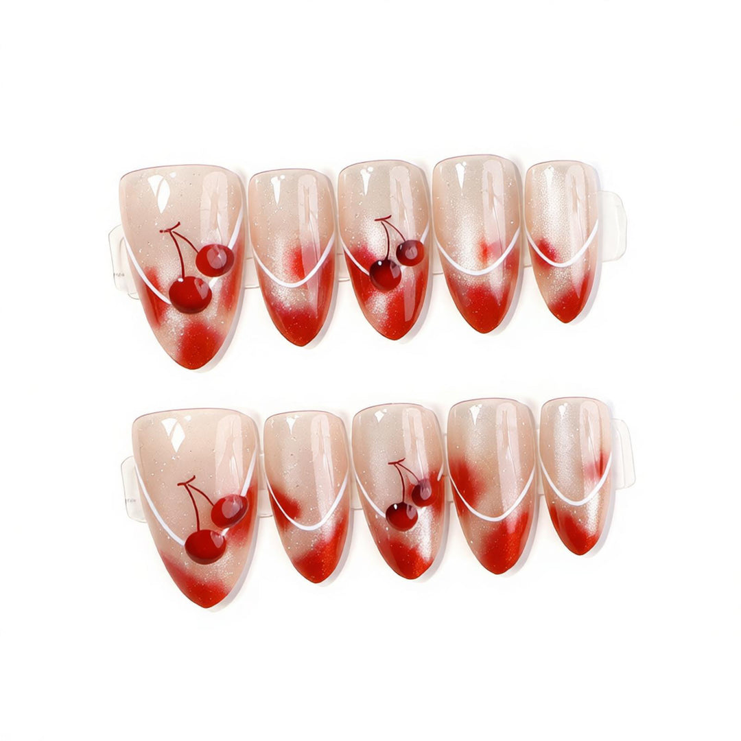 Artistic Cherry-Embellished Press-On Nail Art Set Kalsten