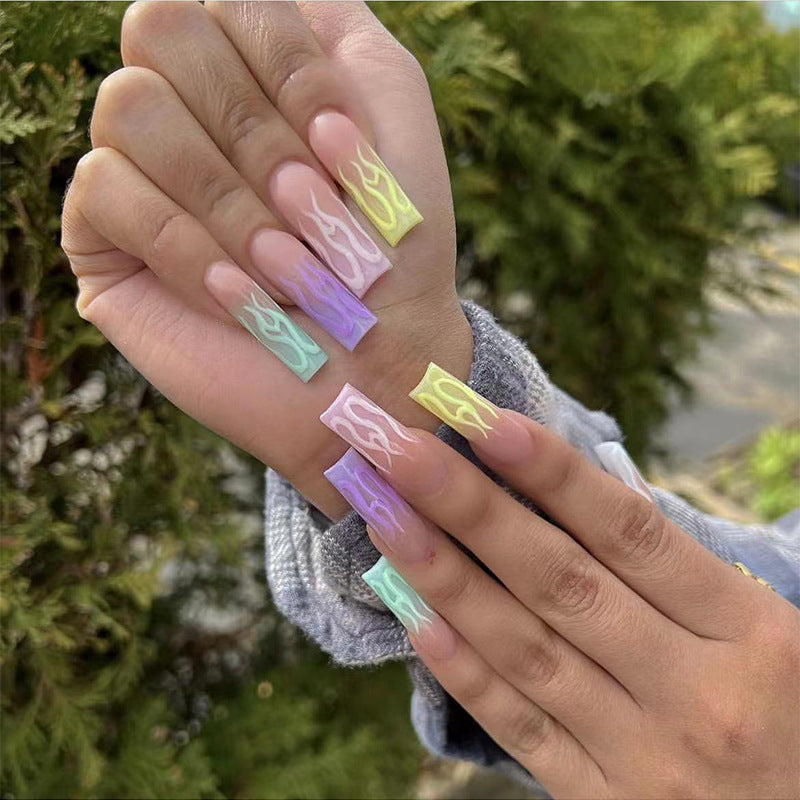 Artistic Long Acrylic Nail Extensions with Flame Design Kalsten