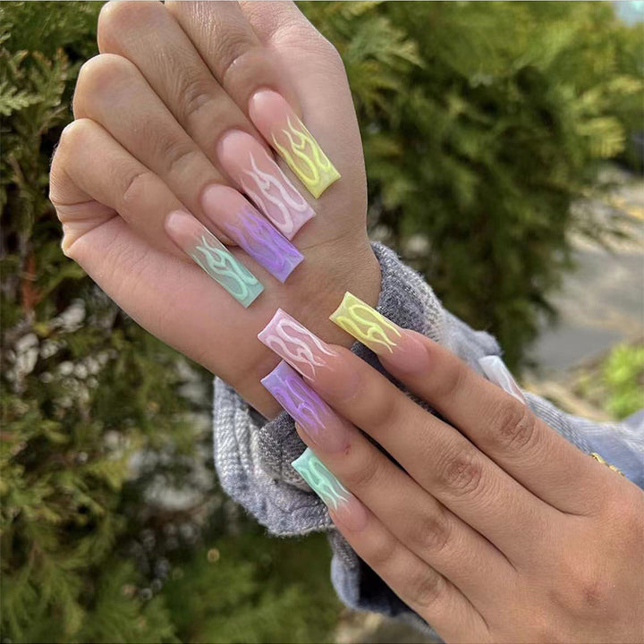 Artistic Long Acrylic Nail Extensions with Flame Design Kalsten