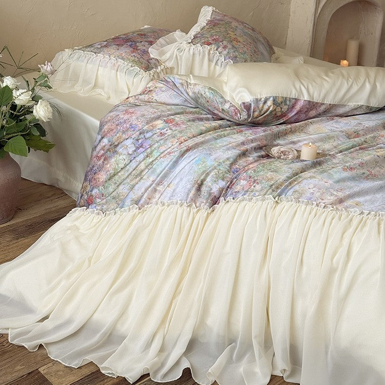 Elegant bedding set with floral watercolor print and gathered ruffle