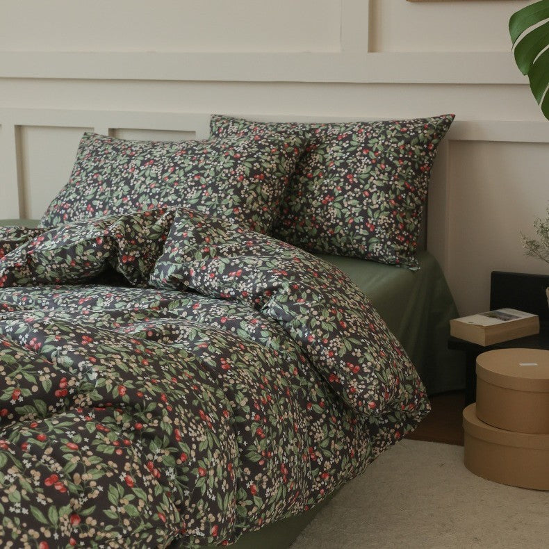 Cotton percale bedding set with botanical sketch print and concealed hotel closure