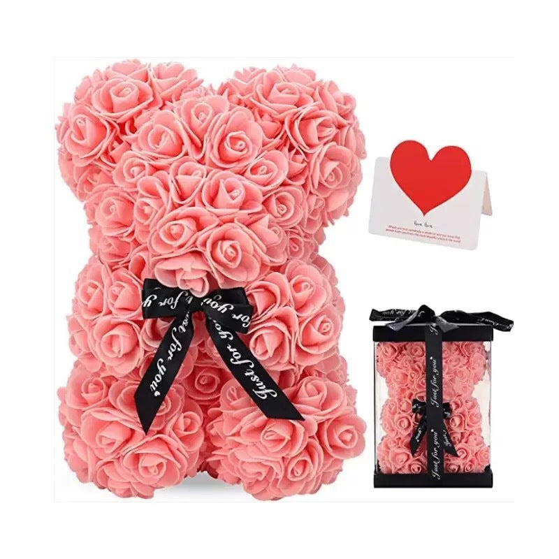 Handcrafted Foam Rose Teddy Bear Gift Sculpture With Satin Ribbon