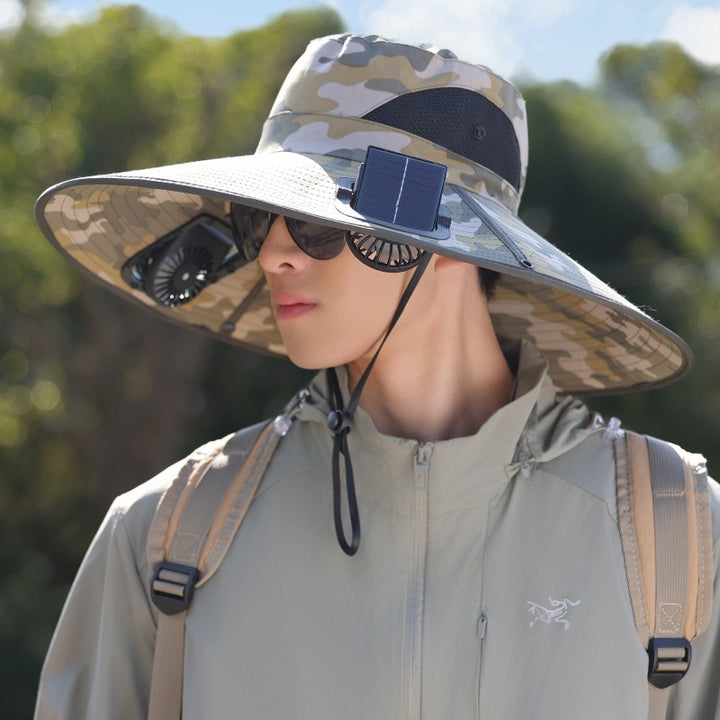 Wide-brimmed outdoor sun hat with solar-powered micro fan, breathable mesh and adjustable chin strap Kalsten