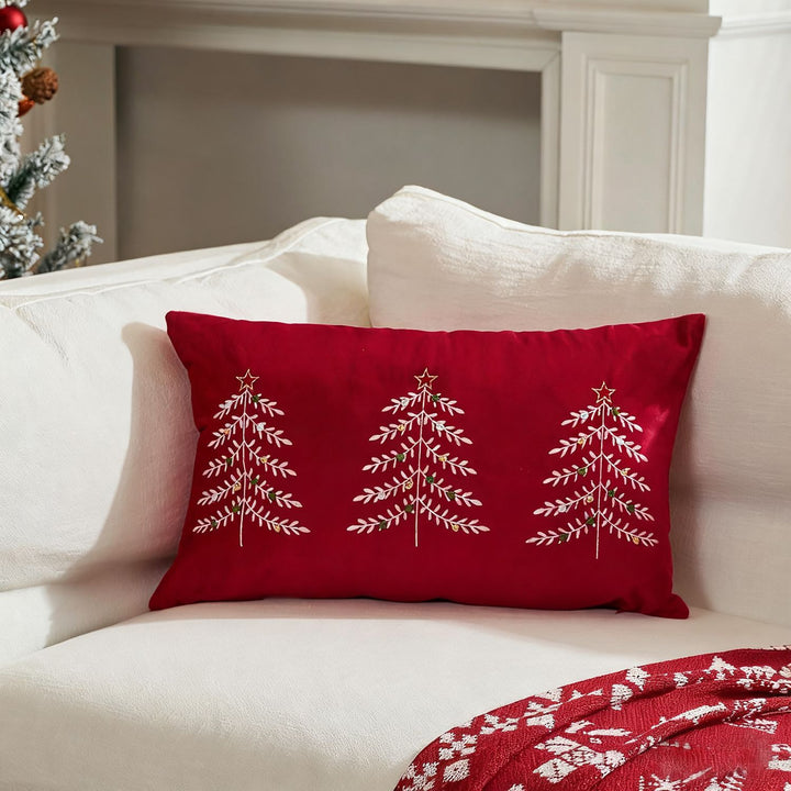 Embroidered Festive Lumbar Throw Pillow Cover with Trio Christmas Tree Motif