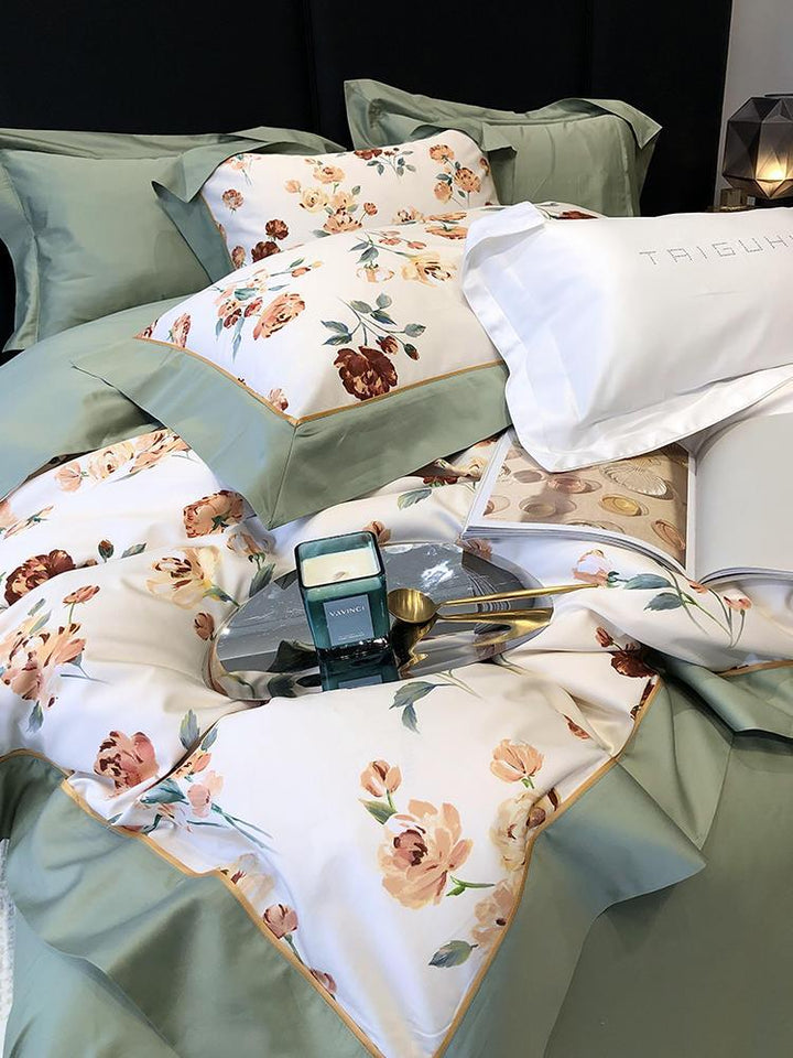 Premium Satin Duvet Cover Set with Delicate Watercolor Floral Print and Elegant Ruffle Edge