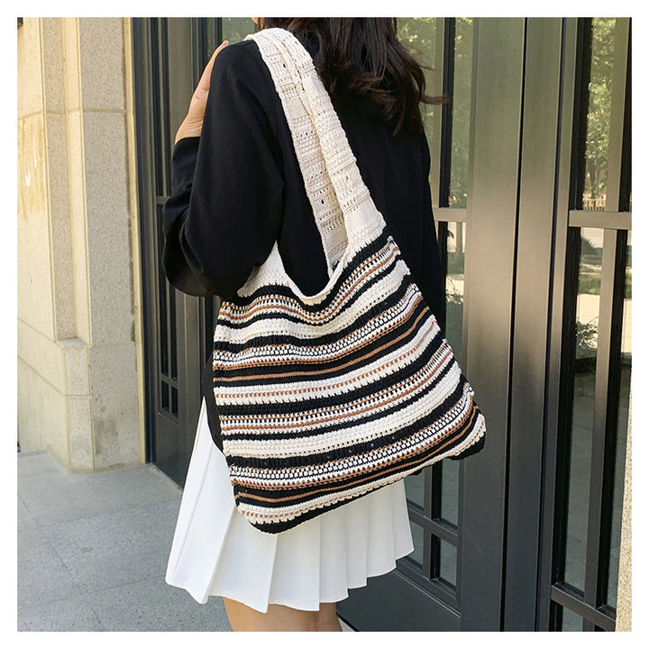 Bohemian Striped Crochet Tote Bag